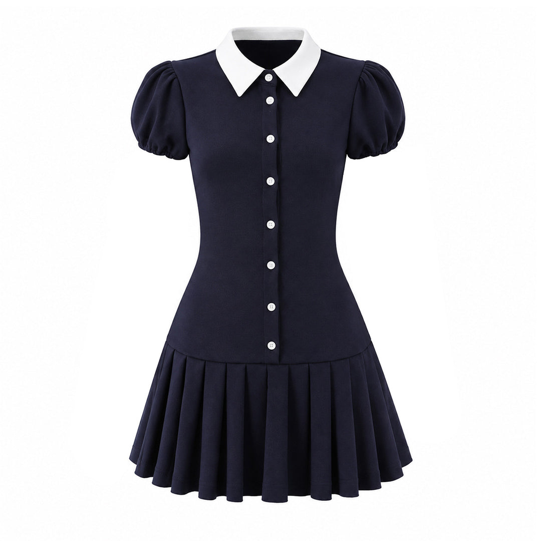 Damen Figurbetontes Hemdblusenkleid mit Puffärmeln und plissiertem Faltenrock Drune
