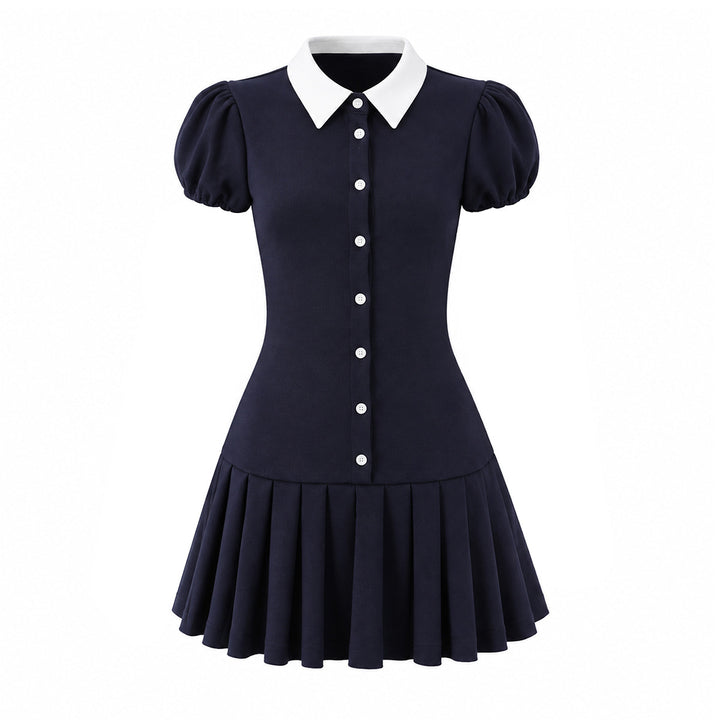 Damen Figurbetontes Hemdblusenkleid mit Puffärmeln und plissiertem Faltenrock Drune