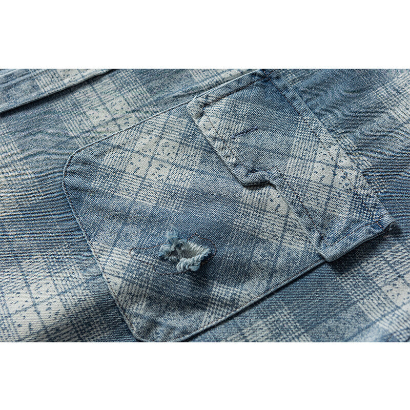 Herren Lockeres Karo-Hemd im Vintage-Denim-Look mit aufgesetzter Brusttasche und Used-Details Drune