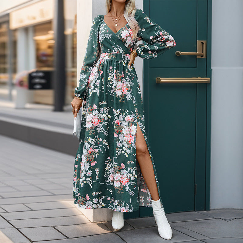 Damen Floral Maxikleid mit V-Ausschnitt und Rüschendetails Drune