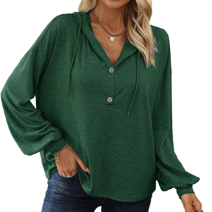 Damen lässiges Kapuzen-Longsleeve mit V‑Ausschnitt, Knopfleiste und gerafften Manschetten Drune