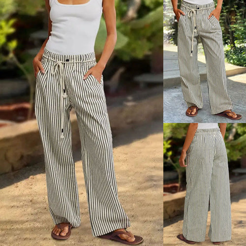 Damen Leichte Leinenoptik Palazzo‑Hose mit Gummibund, Kordelzug und senkrechtem Streifenmuster Drune