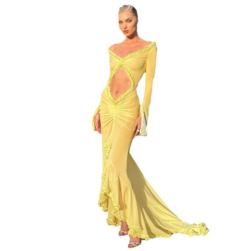 Damen Transparente Maxikleid mit eleganten Rüschendetails und figurbetontem Design Drune
