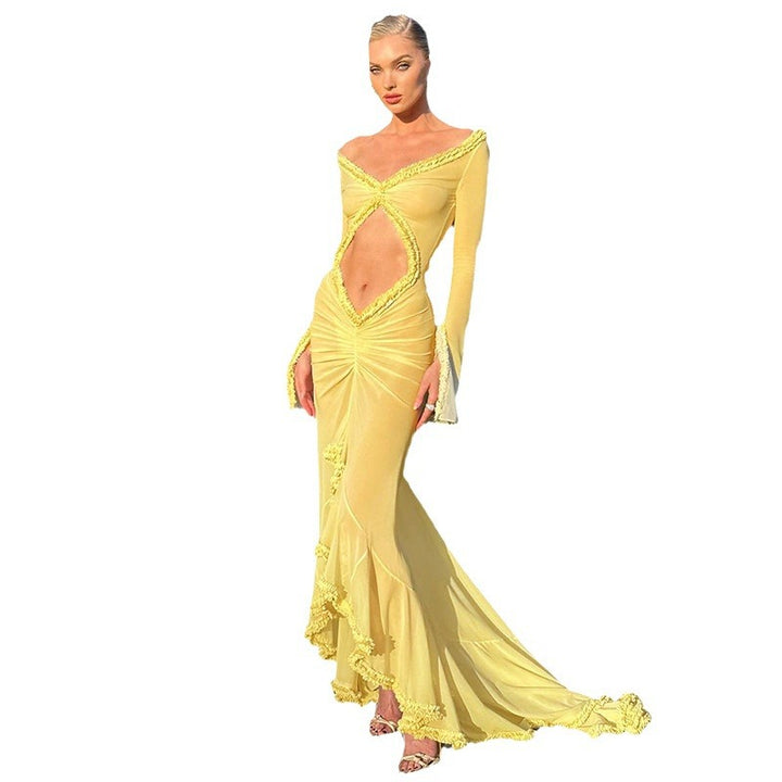 Damen Transparente Maxikleid mit eleganten Rüschendetails und figurbetontem Design Drune