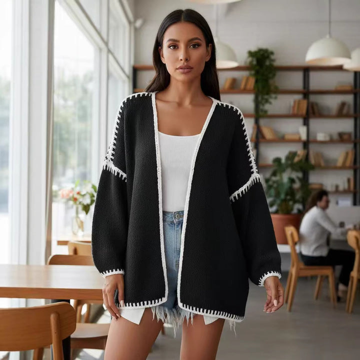 Damen Offene Strickjacke mit eleganten Kontrastnähten Drune