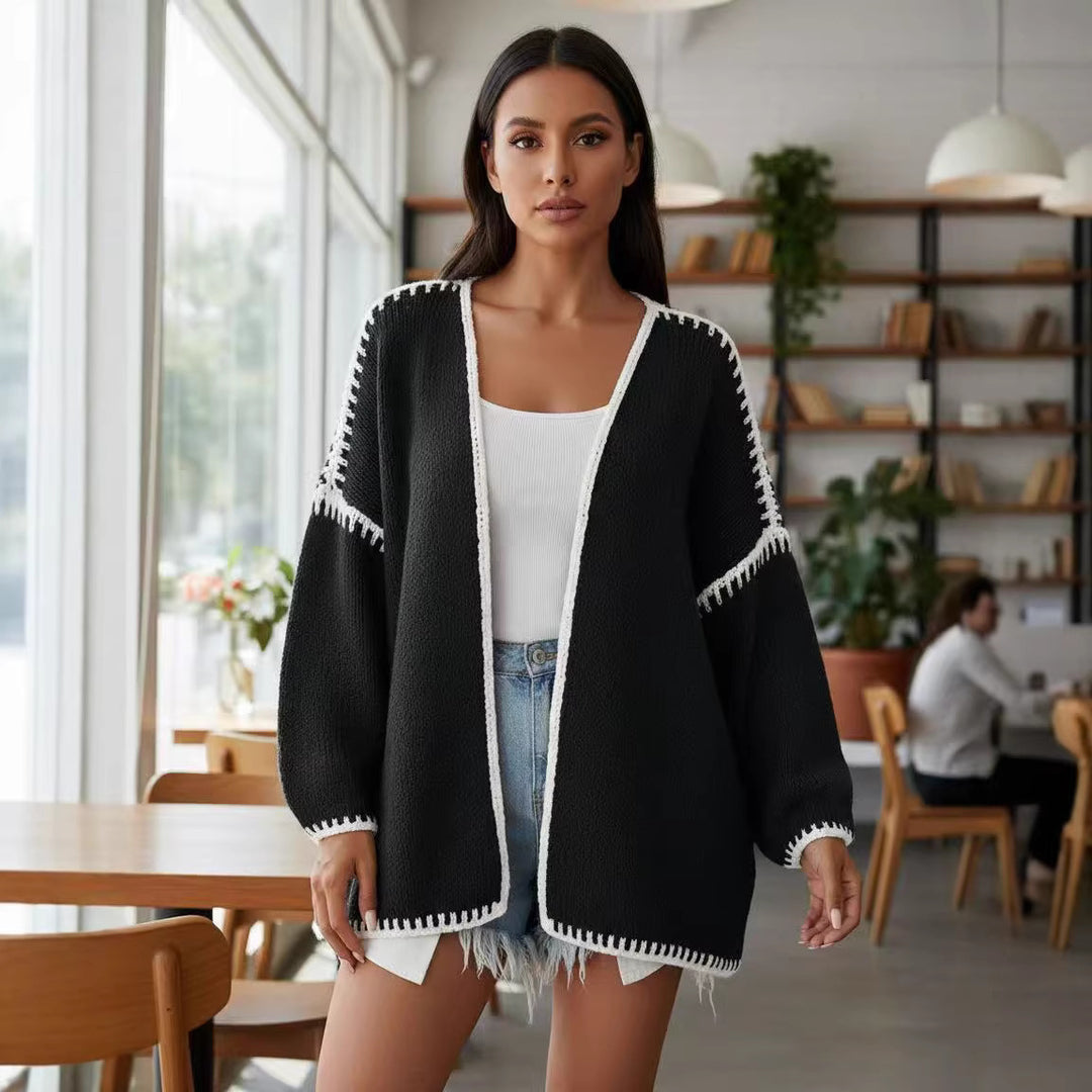 Damen Oversize-Strickjacke mit kontrastierender Häkelkante und überschnittener Schulter Drune
