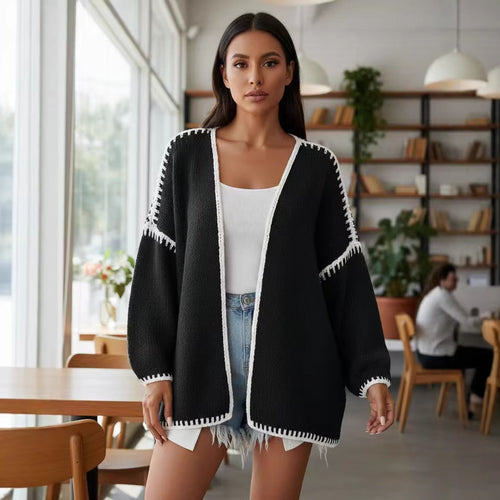 Damen Oversize-Strickjacke mit kontrastierender Häkelkante und überschnittener Schulter Drune