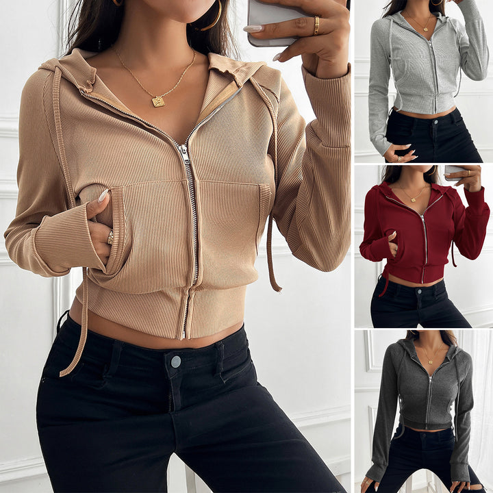 Damen nan schmal geschnittene Feinstrick-Hoodiejacke mit Metallzipper, Kängurutaschen und Daumenlochbündchen Drune