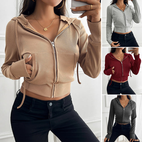 Damen nan schmal geschnittene Feinstrick-Hoodiejacke mit Metallzipper, Kängurutaschen und Daumenlochbündchen Drune