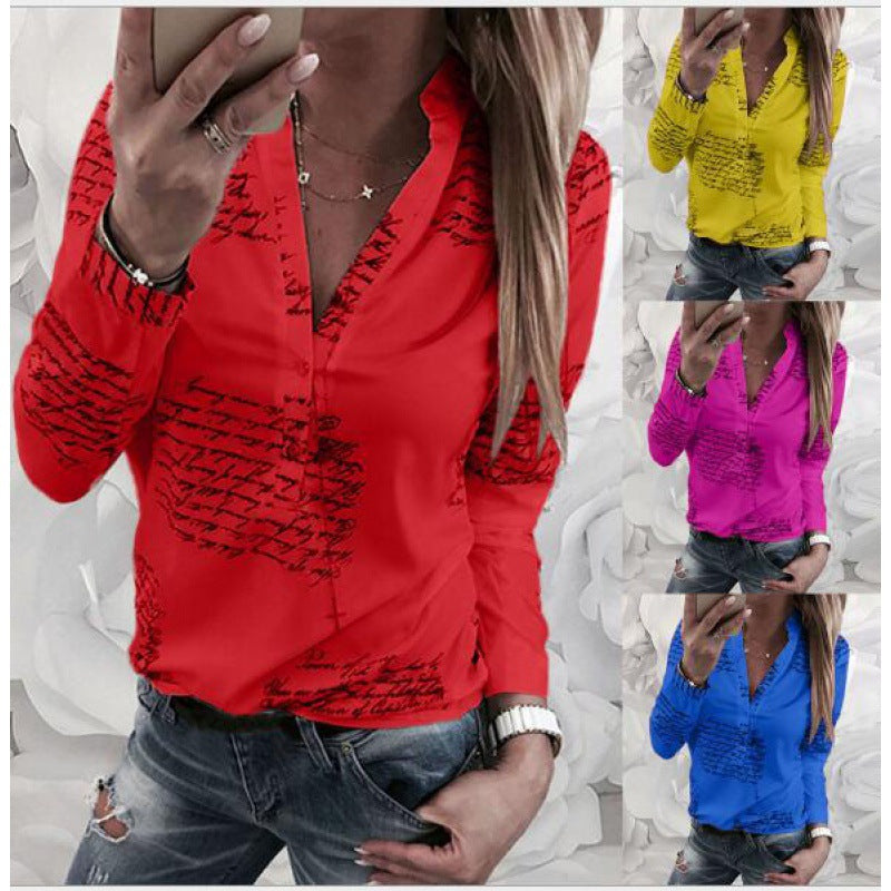 Damen Bluse mit kunstvollem Schriftmuster und modernem Stehkragen Drune