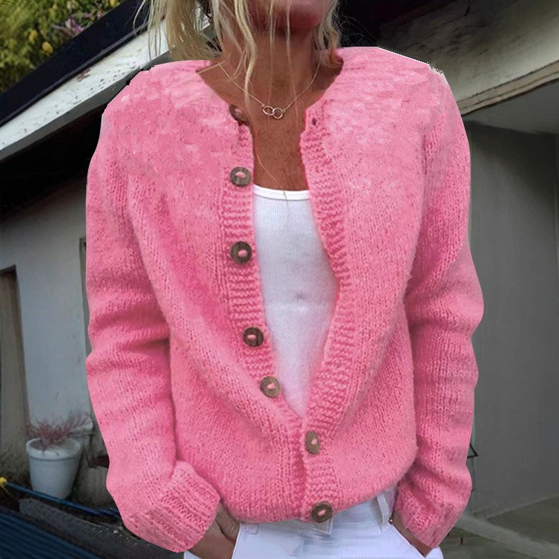 Damen nan kuscheliger Strickcardigan mit Zierholzknöpfen und Rundhalsausschnitt Drune