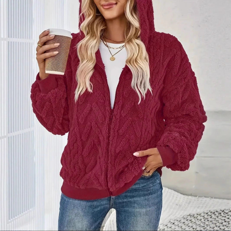 Damen Kuschelige Fleecejacke mit hochschließendem Kragen und Strickmuster Drune