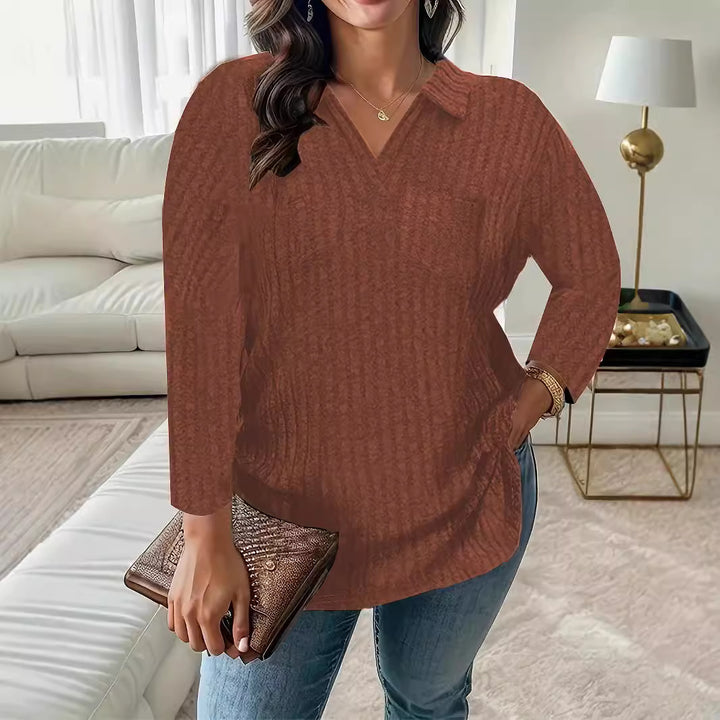 Damen Gerippter V-Ausschnitt Pullover mit Hemdkragen und lockerer Tunika-Silhouette Drune