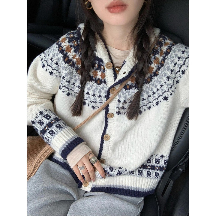 Damen Strickjacke mit traditionellen Norweger-Mustern und Knopfverschluss Drune
