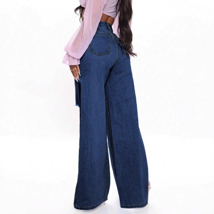 Damen Langer hochgeschnittener Denim-Maxirock mit seitlichem Oberschenkelschlitz und Used-Details Drune