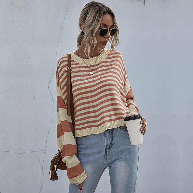 Damen Gestreifter Oversize-Cropped-Strickpullover mit Raglanärmeln und gerippten Abschlüssen Drune