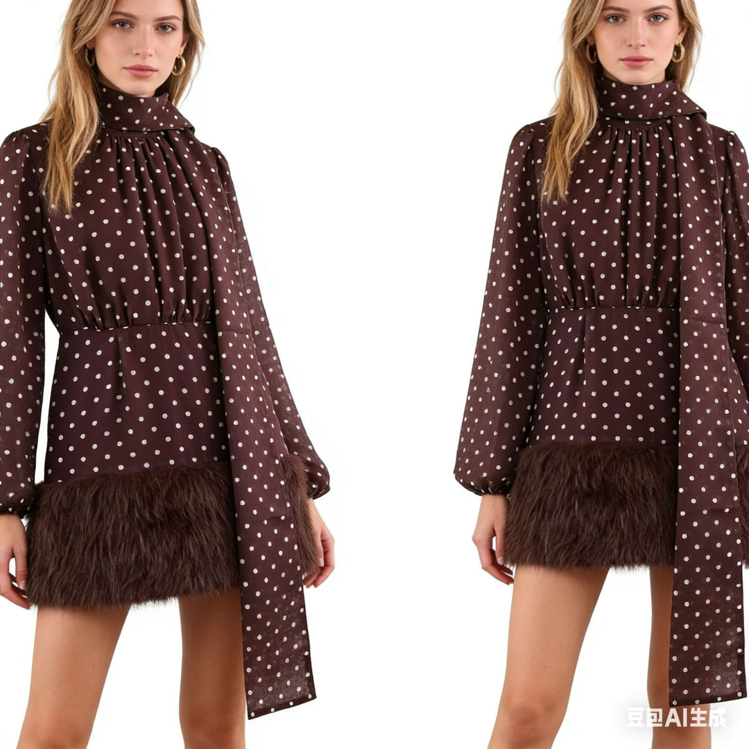 Damen nan gepunktete Chiffonbluse mit hohem Stehkragen, langem Schal und Kunstfellsaum Drune