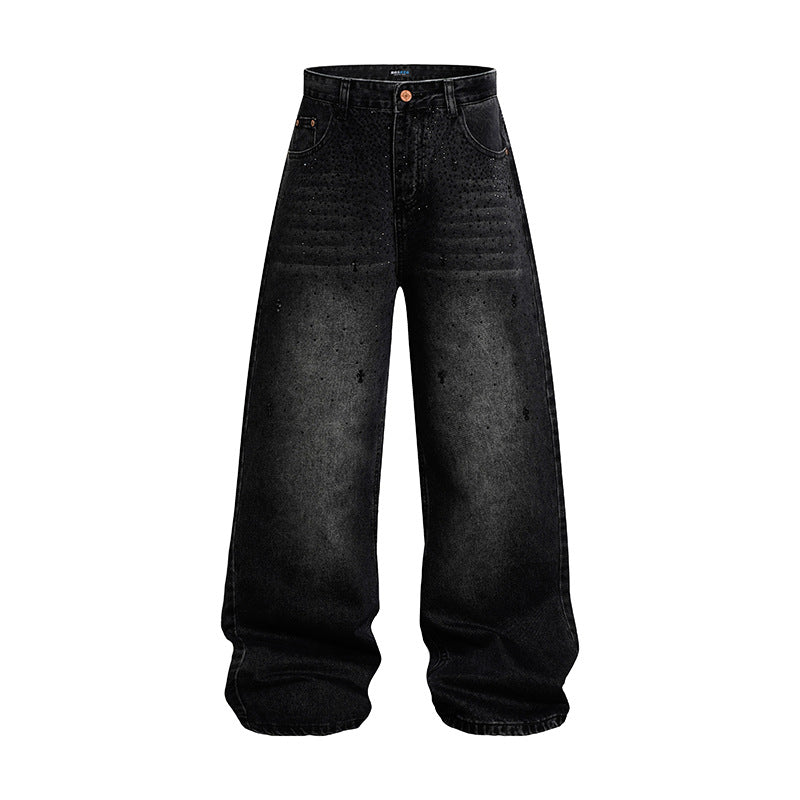 Damen Weite hochgeschnittene Baggy-Jeans mit Used-Wash und Steppdetail Drune