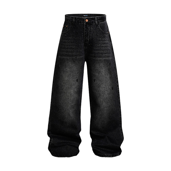 Damen Weite hochgeschnittene Baggy-Jeans mit Used-Wash und Steppdetail Drune