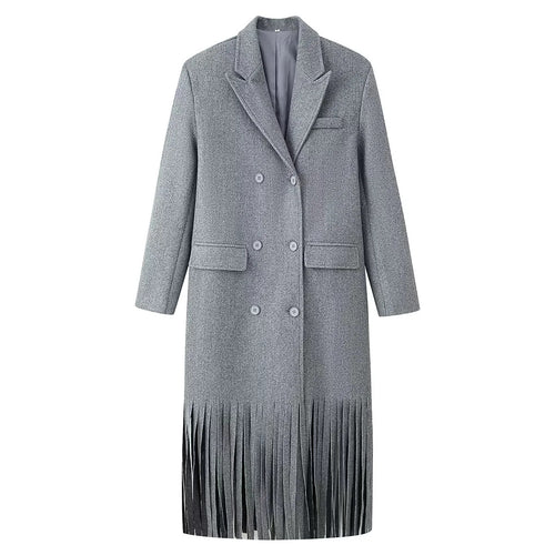 Damen nan langer zweireihiger Wollmix Mantel mit Fransenabschluss und Pattentaschen Drune