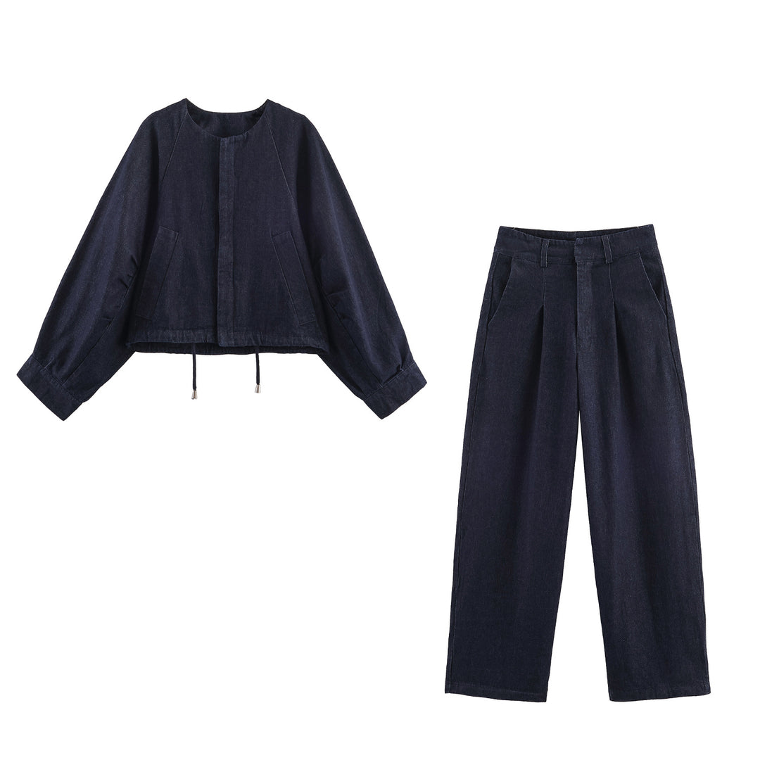 Damen 30+ weite High‑Waist Denim‑Palazzohose mit Bundfalten und Bügelfalte Drune