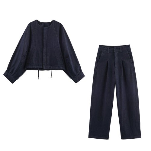 Damen 30+ weite High‑Waist Denim‑Palazzohose mit Bundfalten und Bügelfalte Drune
