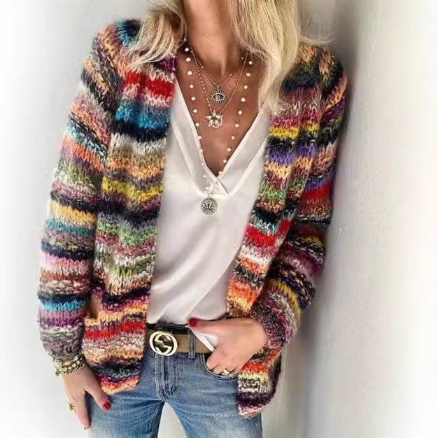 Damen Mehrfarbiger Strickcardigan mit offener Front, legerem Oversize-Schnitt und feinem Rippbündchen Drune