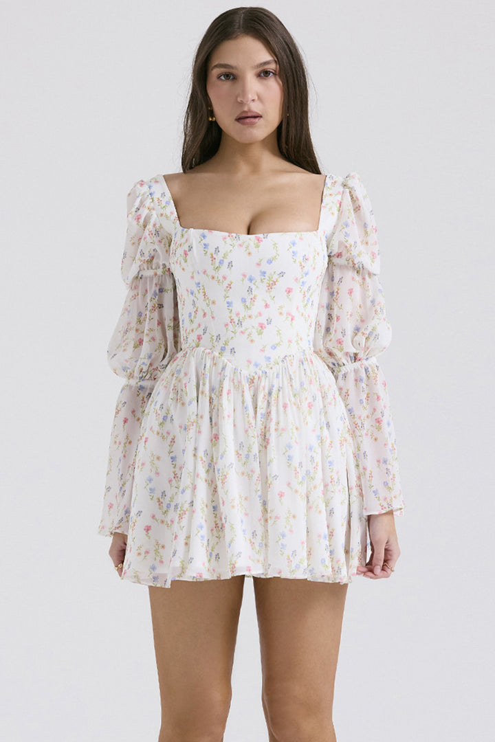 Damen Minikleid mit Ballonärmeln und floralen Mustern Drune
