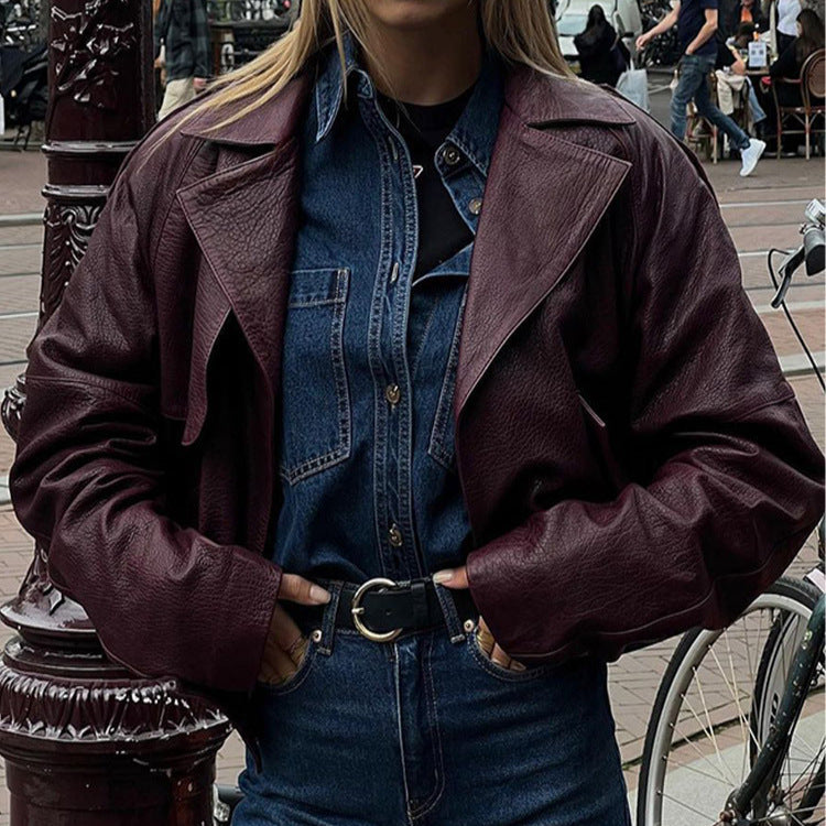Damen lässige Kunstlederjacke im modernen Oversized-Stil Drune