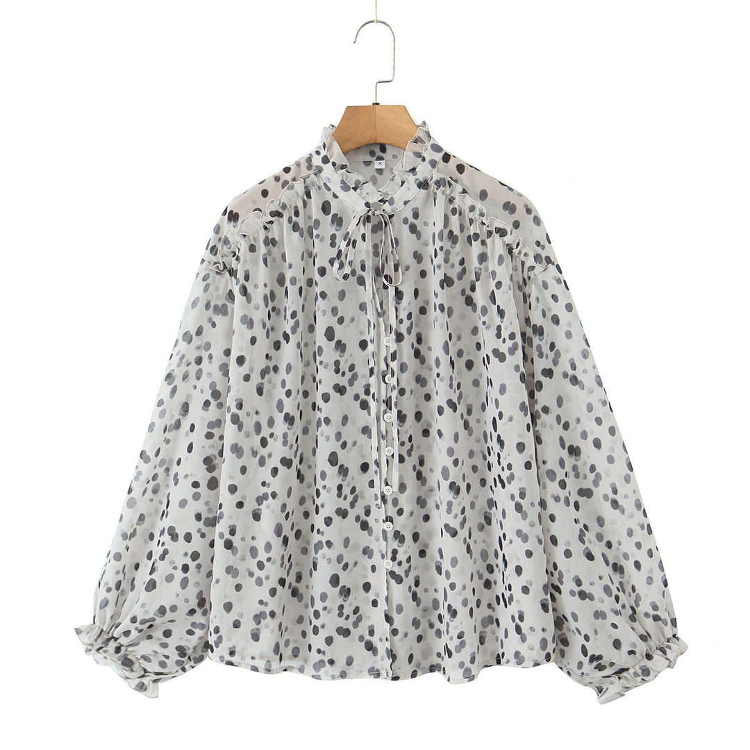 Damen nan Chiffonbluse mit Volant-Stehkragen, Bindeband, Knopfleiste und ballonförmigen Ärmeln Drune
