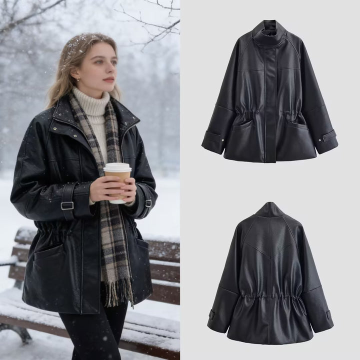 Damen Oversize-Kunstlederjacke mit Stehkragen, Taillen-Tunnelzug und aufgesetzten Taschen Drune
