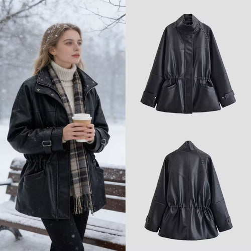 Damen Oversize-Kunstlederjacke mit Stehkragen, Taillen-Tunnelzug und aufgesetzten Taschen Drune