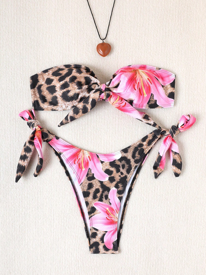 Damen Bikini-Set mit floralem Leopardenmuster und verstellbaren Trägern Drune