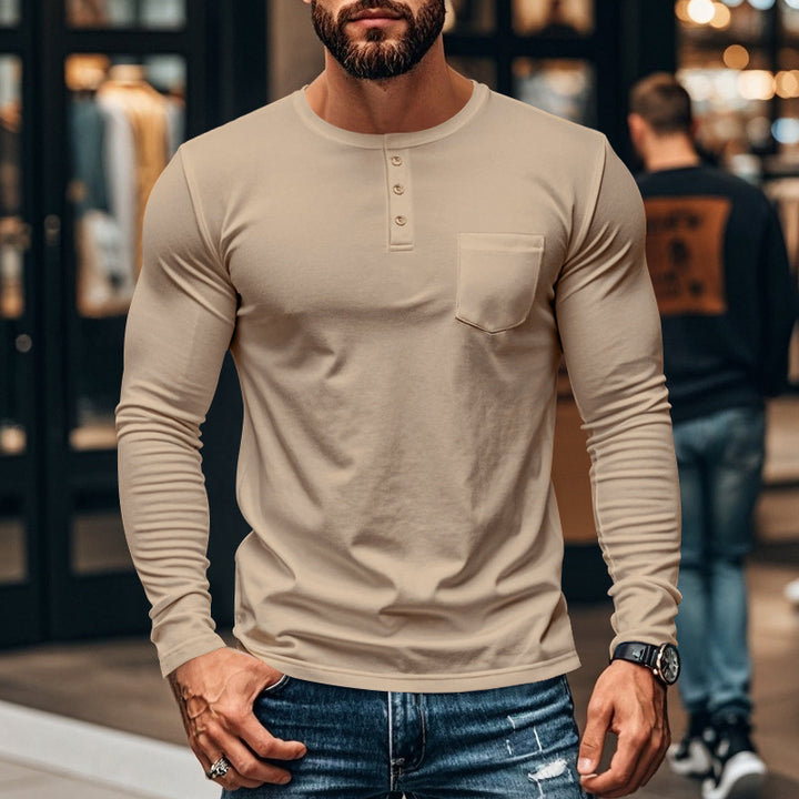 Herren nan schlankes Langarm-Buttonshirt mit kurzer Knopfleiste und Brusttasche Drune