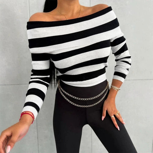 Damen Lässiges gestreiftes Oberteil im Off-Shoulder-Stil Drune
