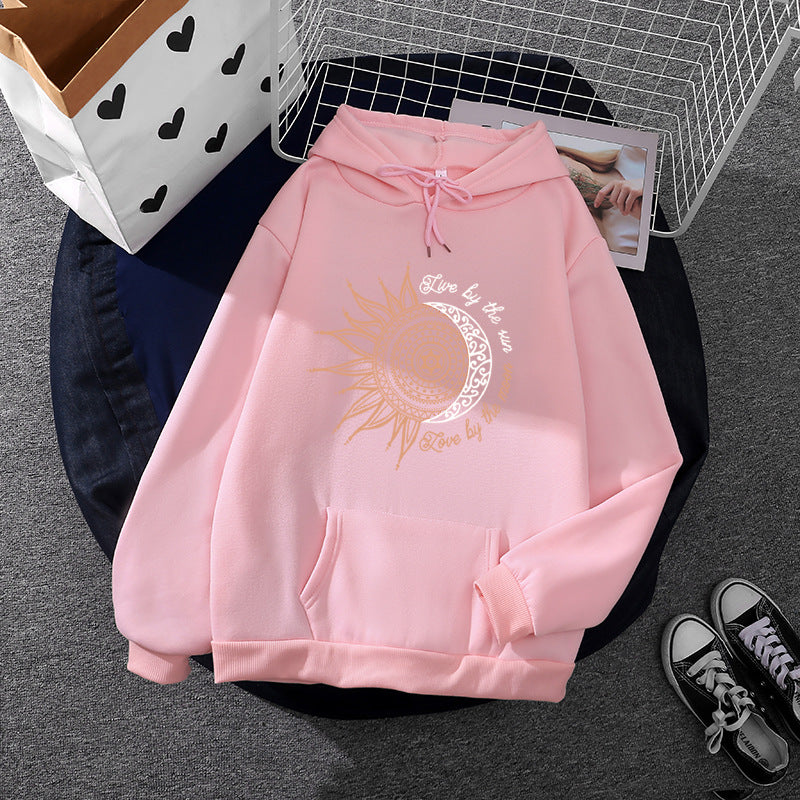 Damen nan Kapuzenpullover mit Sonn-und-Mond-Mandala, Kängurutasche und angerautem Fleece Drune