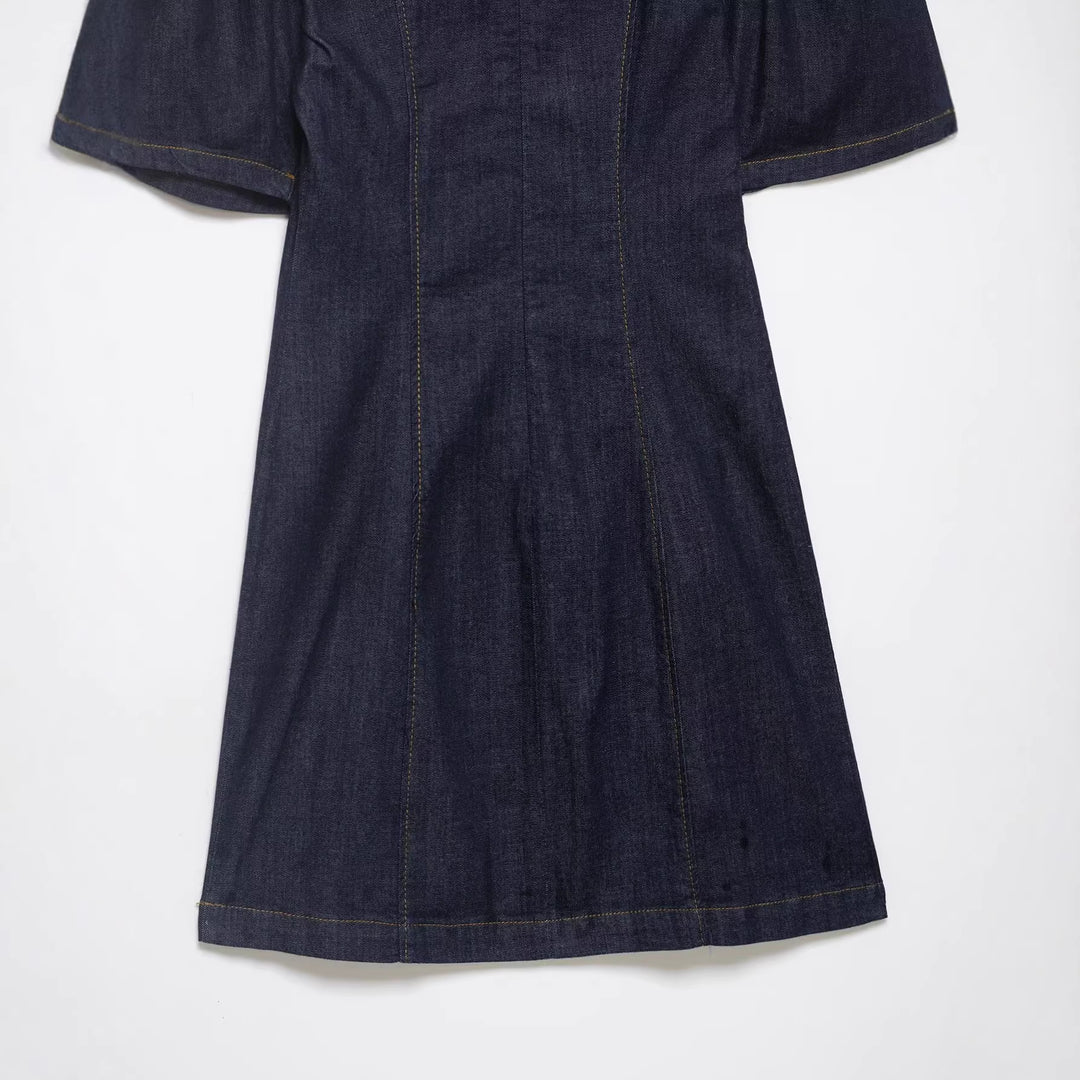 Damen A‑Linien Jeanskleid mit Puffärmeln und figurbetonten Abnähern Drune