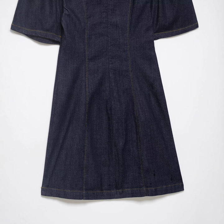 Damen A‑Linien Jeanskleid mit Puffärmeln und figurbetonten Abnähern Drune