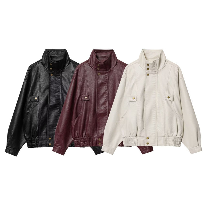 Damen lässige Kunstlederjacke mit hohem Kragen und Weitenregulierung Drune