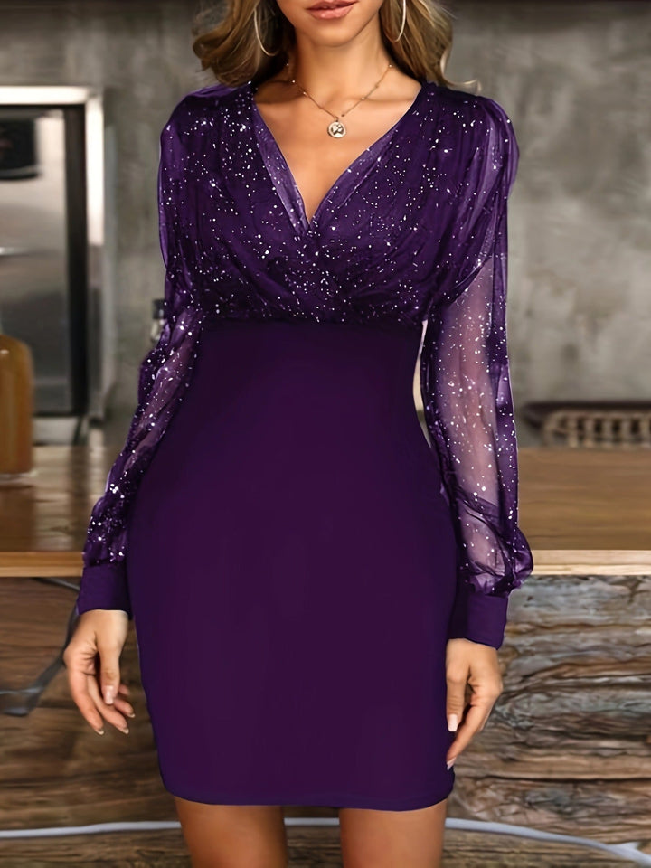 Damen Glitzerndes Cocktailkleid mit transparenten Ärmeln Drune