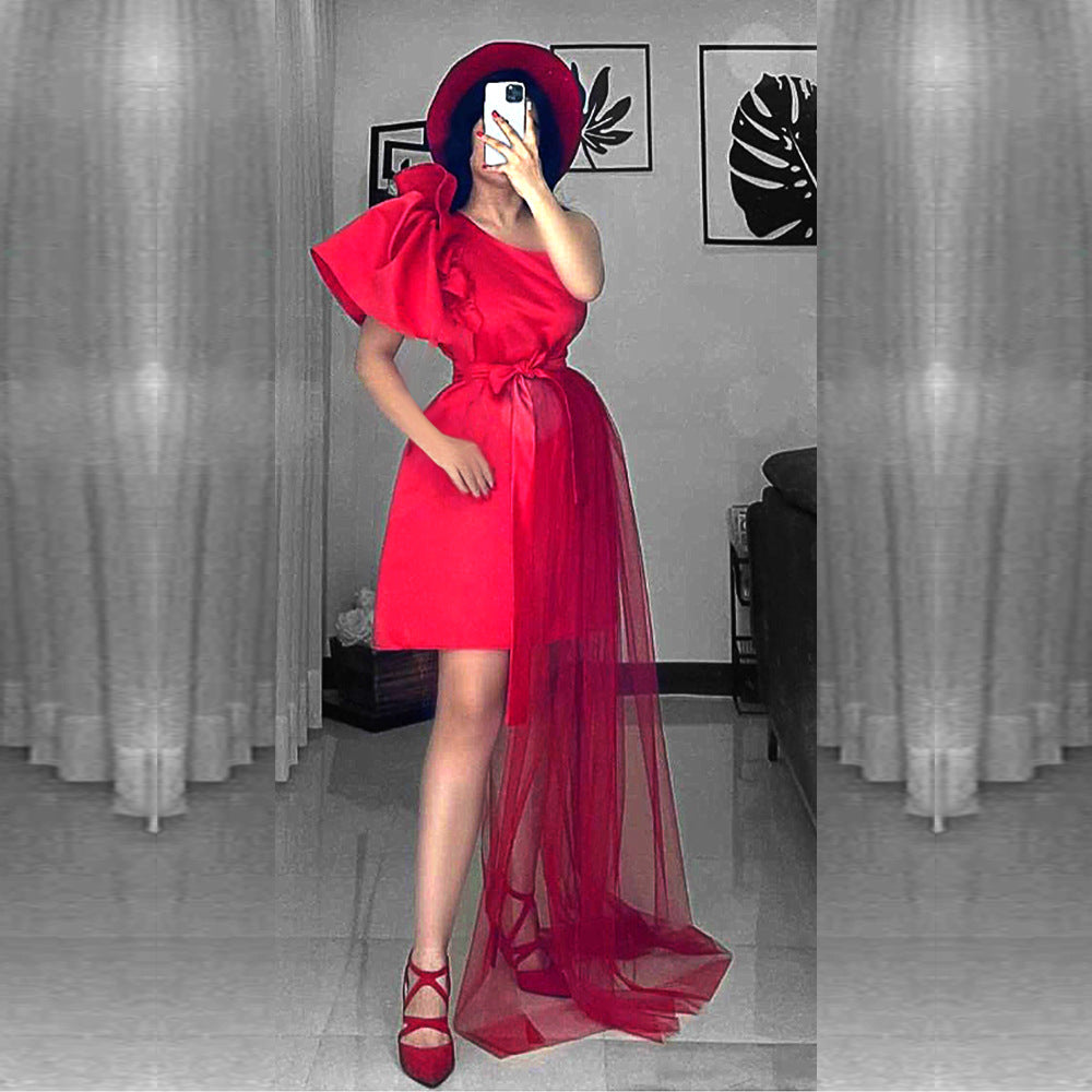 Damen asymmetrisches Cocktailkleid mit Volant und Taillenschnürung Drune