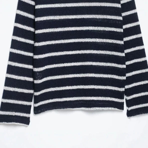 Damen Gestreifter Feinstrickpullover mit Rückknöpfung und U‑Boot‑Ausschnitt Drune