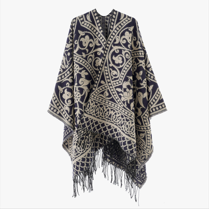 Damen Jacquard-Überwurf mit orientalischem Ornamentmuster und Fransensaum Drune