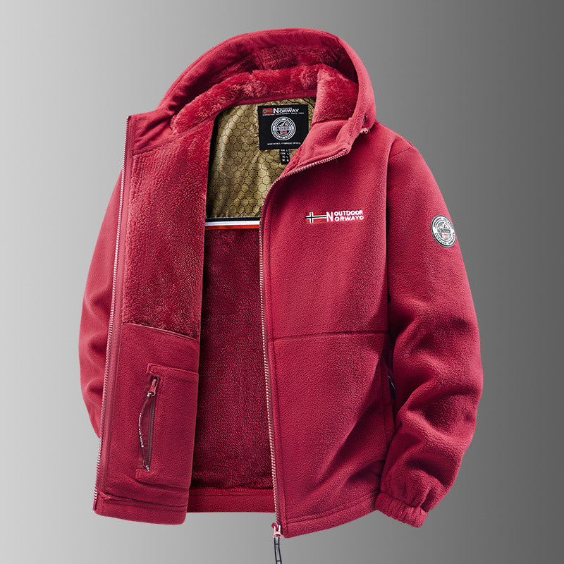 Herren Kuschelige Fleece‑Kapuzenjacke mit Teddyfutter, windabweisend und Reißverschlusstaschen Drune