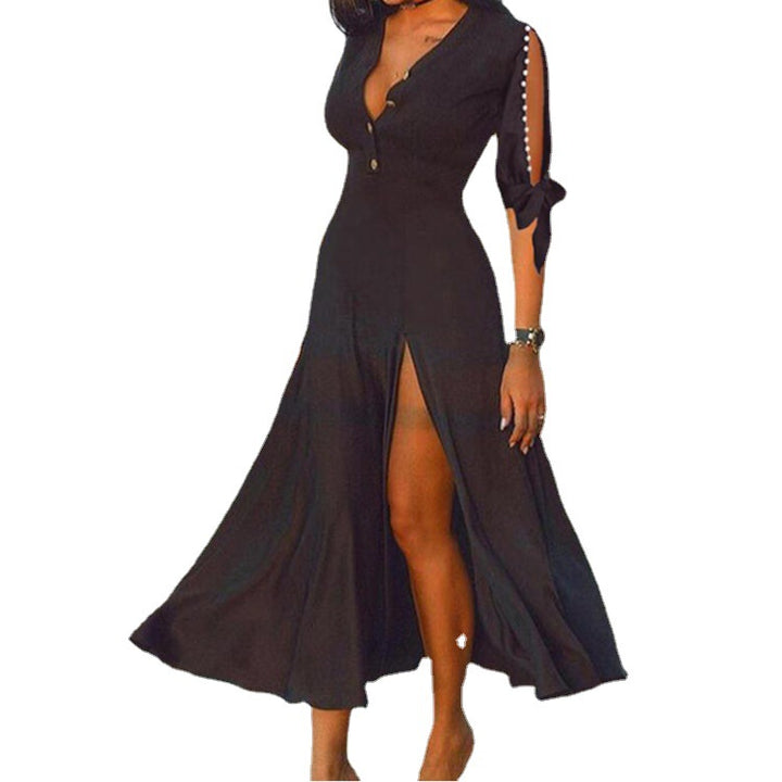 Damen nan Maxikleid im Abendlook mit tiefem V-Ausschnitt, hohen Frontschlitzen und geknoteten Cut-Out-Ärmeln Drune