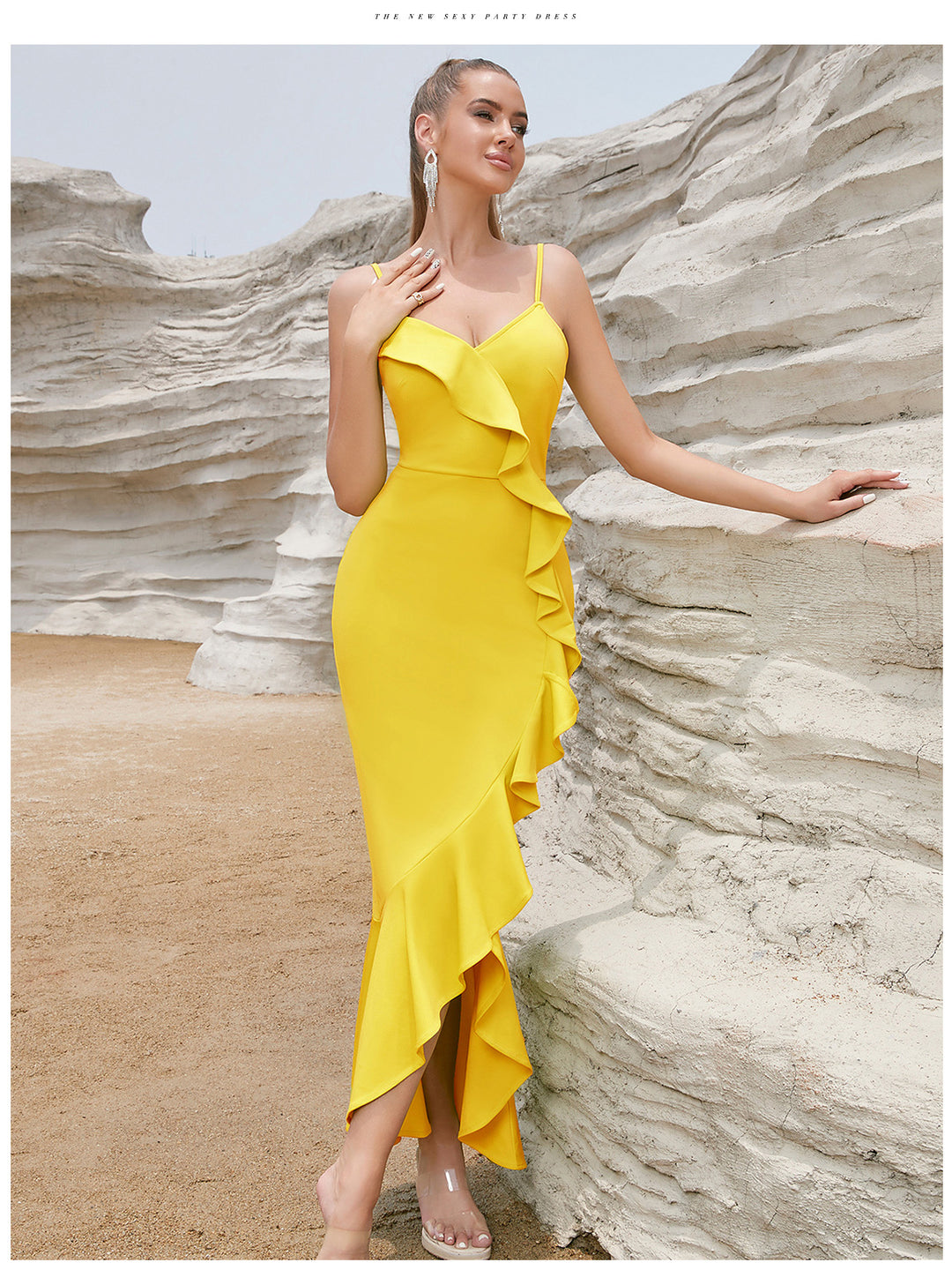 Damen Sexy Maxikleid mit Rüschen und hohem Schlitz Drune