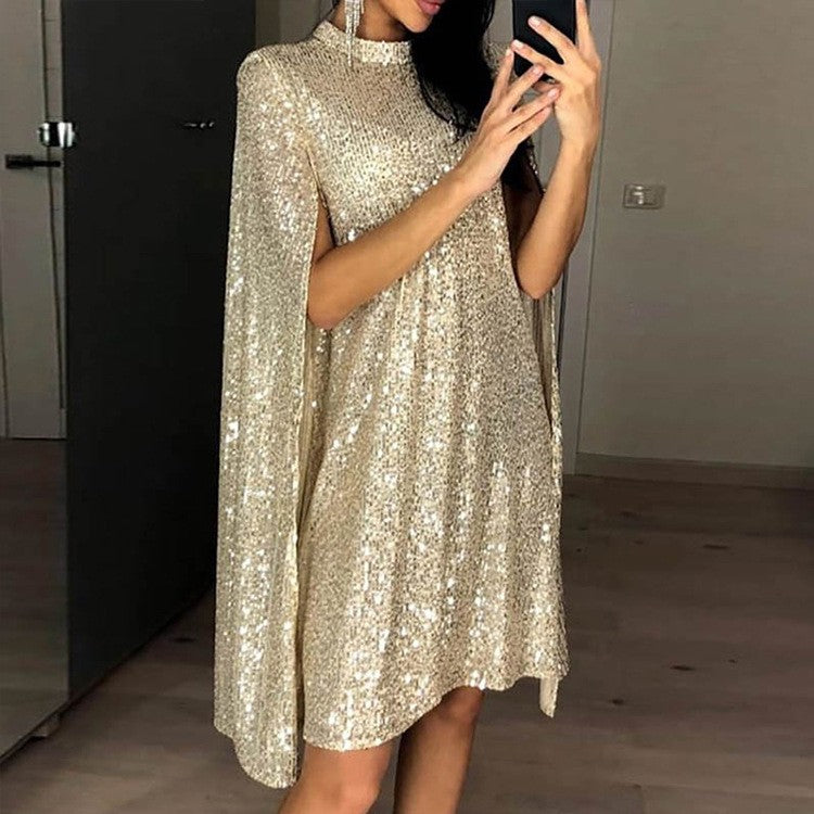 Damen Glamouröses Pailletten-Cocktailkleid mit Cape-Ärmeln Drune
