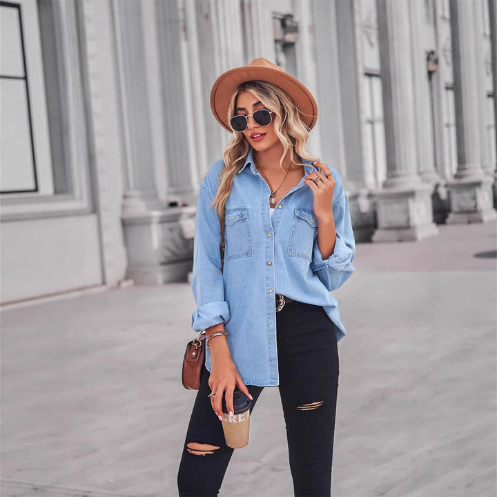 Damen Lässige Denim-Hemdbluse mit Brusttaschen Drune