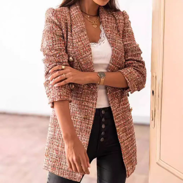 Damen nan taillierter kariert langer Blazer mit Doppelreiher und Schulterpolstern Drune