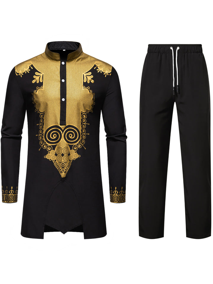 Herren Traditionelles Tunika-Set mit Mandarinkragen und goldverzierten Ornamenten Drune